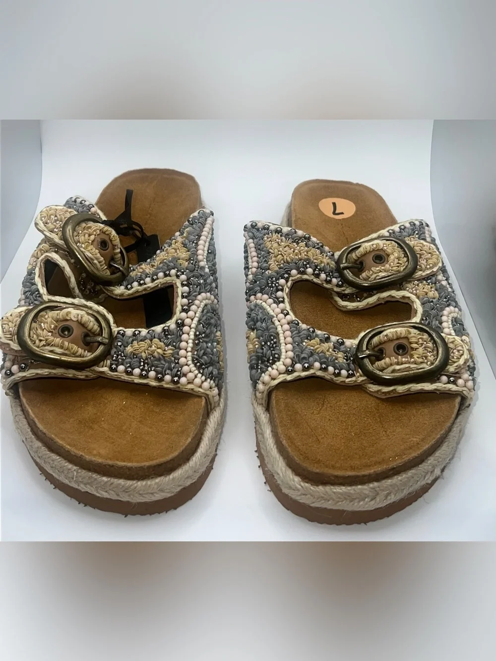 House of Harlow 1960 Beaded Slide Sandals in Beige & Gray
